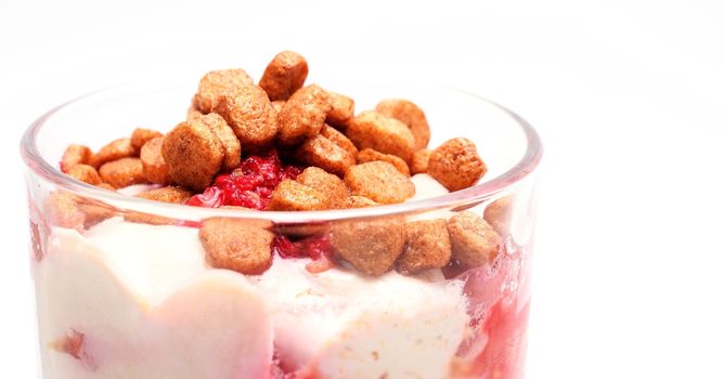 Curd cheese dessert with raspberries and small crunchies.