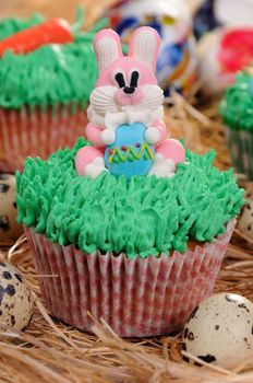 Muffin decorated Easter bunny sitting on the grass