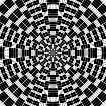 Abstract geometric background with circles and squares in black and white colors.