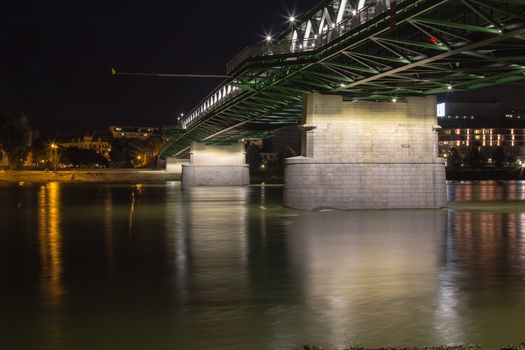 Night view on the new opened and renewed Old Bridge across river Danube in Bratislava, Slovakia.