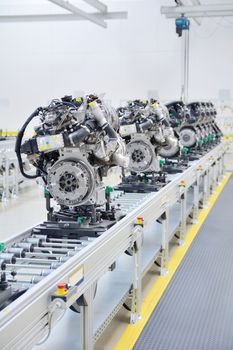 Newly manufactured engine on the production line in a factory.