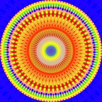 Colorful religious magic mandala circle on a blue background.