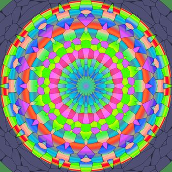 Colorful mandala circle on a dark gray background.