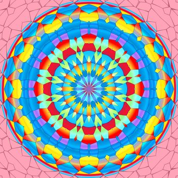 Colorful religious magic mandala circle on a pink background.