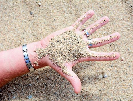 Conceptual shot of the sand in the palm of men's hand.