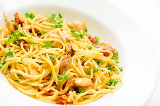 Spaghetti with sun-dried tomatoes, chicken meat, parmesan and sprinkled with parsley.