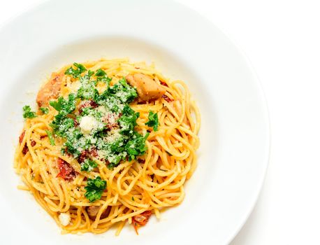 Spaghetti with sun-dried tomatoes, chicken meat, parmesan and sprinkled with parsley.