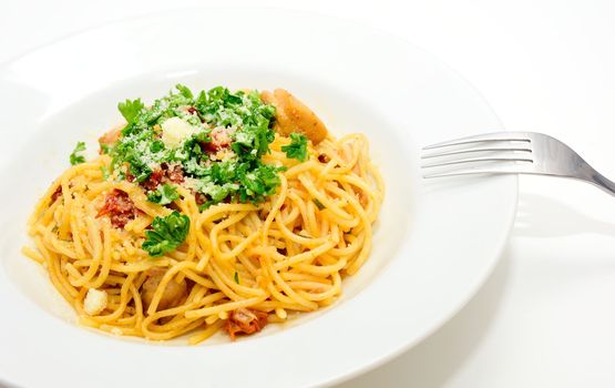 Spaghetti with sun-dried tomatoes, chicken meat, parmesan and sprinkled with parsley.