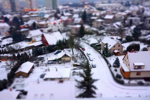 City shot with tilt shift effect at winter.