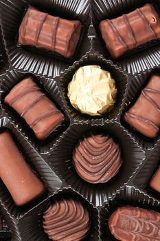 An assortment of fine chocolates in white, dark, and milk chocolate