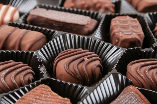 An assortment of fine chocolates in white, dark, and milk chocolate