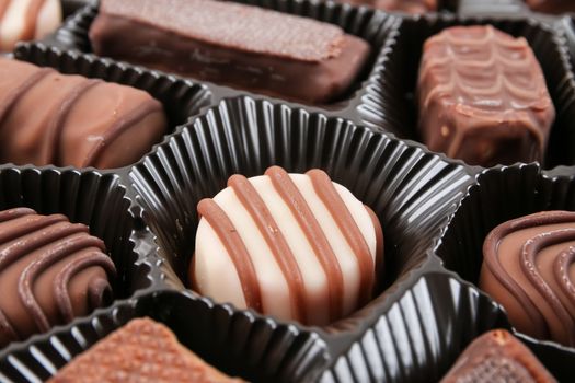 An assortment of fine chocolates in white, dark, and milk chocolate