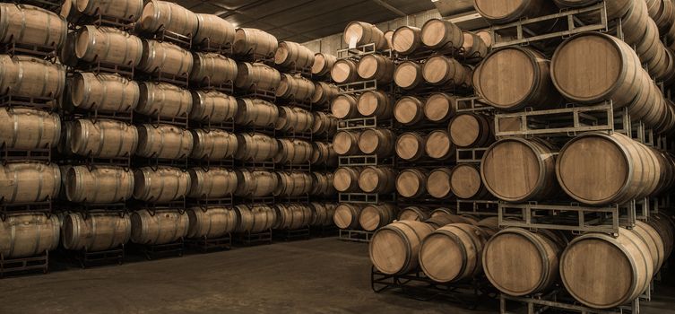 Wine barrels stacked in cellar, Bordeaux Vineyard, France