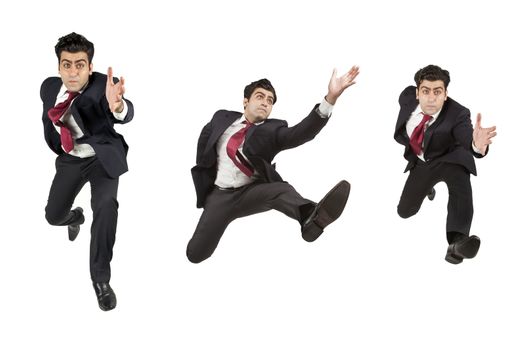 Man in suit jumping running in various angles 