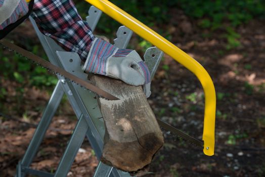 Cropped Hand Of Person Sawing Wood outdoor