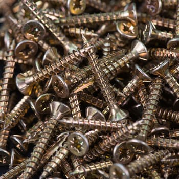 Wood screws cross shape head on a table closeup