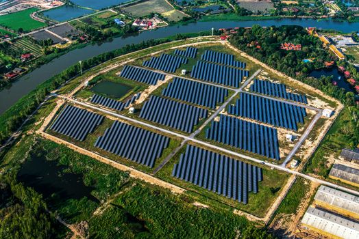 Solar farm, solar panels in Thailand from the air