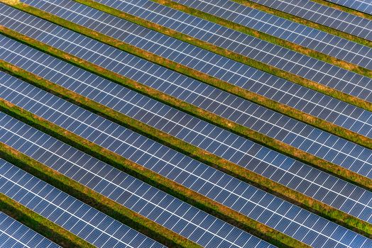 Solar farm, solar panels photography from small aircraft