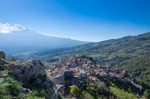 View of volcano Etna from a small Sicilian village