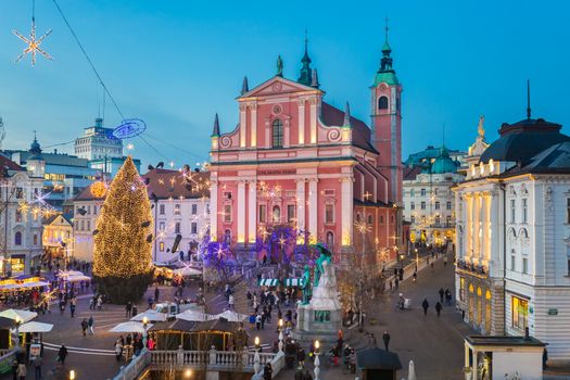 Romantic Ljubljana's city center decorated for Christmas holiday. Preseren's square, Ljubljana, Slovenia, Europe. Horizontal composition.