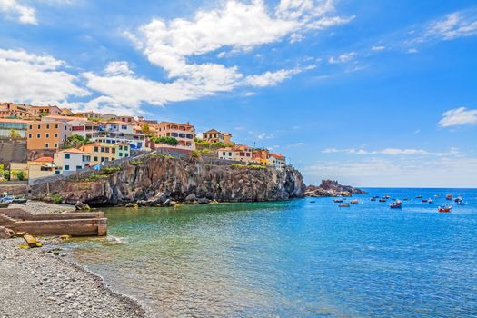 Town Camara de Lobos, Madeira with fishing boats. The picturesque fishermens village is famous for its former guest Winston Churchill.