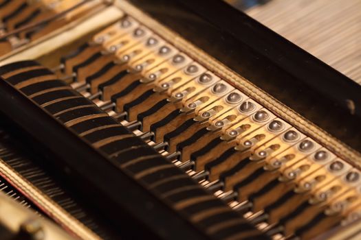 Close up detailed view of historical old wooden and metal machines.