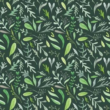 Seamless hand-painted pattern with bright leaves on dark background