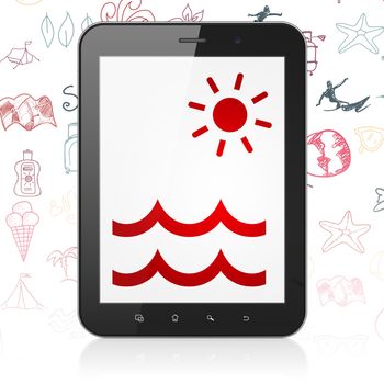 Vacation concept: Tablet Computer with  red Beach icon on display,  Hand Drawn Vacation Icons background, 3D rendering