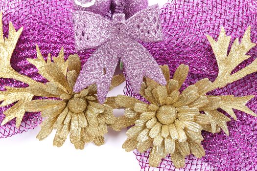 ribbon bow of flower colors violet and gold on white background