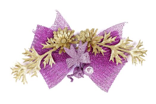 ribbon bow of flower colors violet and gold on white background