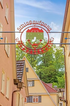 Heidenheim an der Brenz, Germany - May 26, 2016: Pedestrian area of Heidenheim - castle way up (Schlossaufgang) - sign between houses