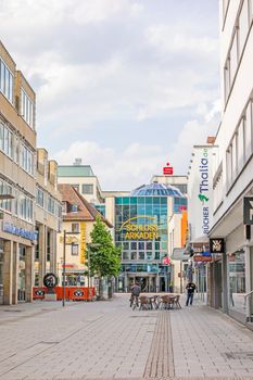 Heidenheim an der Brenz, Germany - May 26, 2016: Pedestrian area of Heidenheim - view towards the shopping mall Schloss Arkaden.