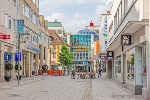 Heidenheim an der Brenz, Germany - May 26, 2016: Pedestrian area of Heidenheim - view towards the shopping mall Schloss Arkaden.