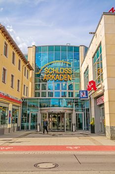 Heidenheim an der Brenz, Germany - May 26, 2016: Pedestrian area of Heidenheim - view towards the shopping mall Schloss Arkaden.