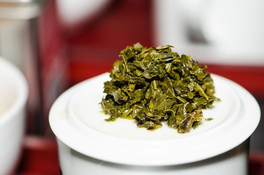 Green tea leaves after use through tea making.