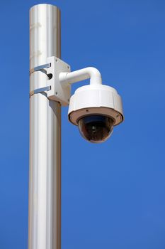 Dome Type Outdoor CCTV Camera on Street Lamp in Nice, France
