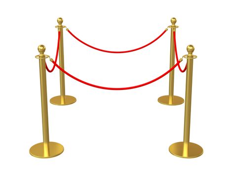 Golden fence, stanchion with red barrier rope, isolated on white background. 3D illustration