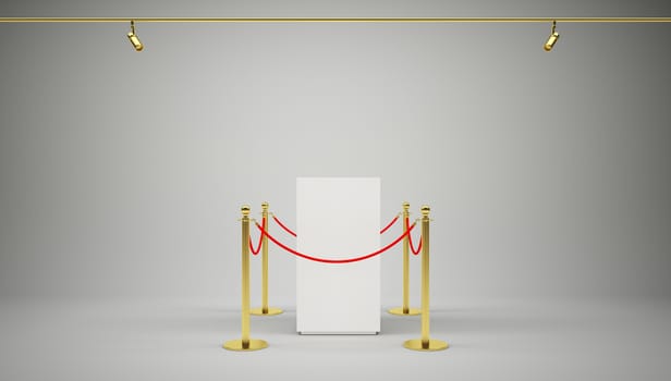 Golden fence, stanchion with red barrier rope, on gradient gray background. 3D illustration