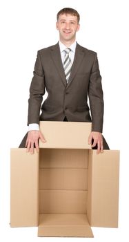 Business man holding empty box isolated over white background
