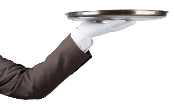 Professional waiter holding empty tray isolated on white background
