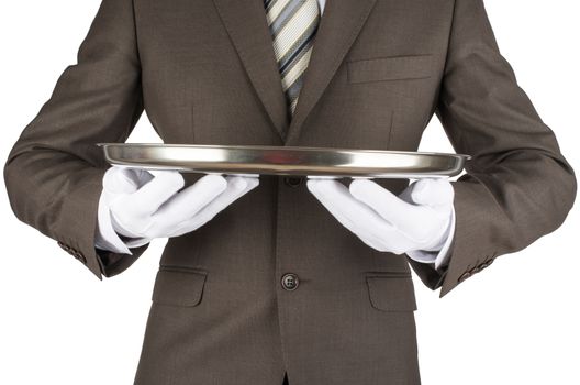 Male waiter holding tray isolated on white background