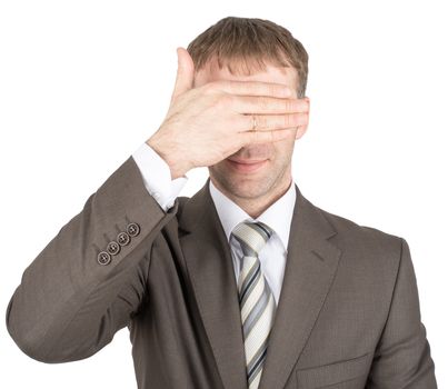 Man closes his eyes with his hand isolated on white background