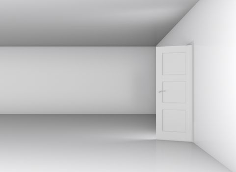 Open white door and blank wall, showroom. 3D illustration