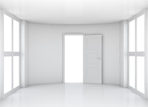 Empty white clean room with opened door and large windows. 3D rendering