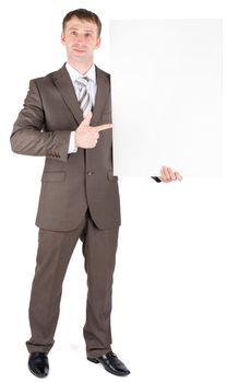 Young business guy holding blank board isolated on white background