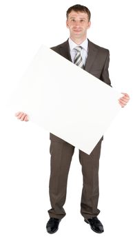 Businessman holding blank paper isolated on white background