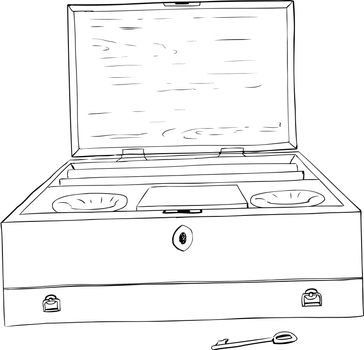 Outline drawing of late 18th century antique paint box with key over white background