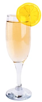 Glass of champagne with lemon slice isolated on white
