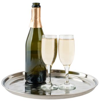 Champagne bottle and champagne glasses on tray isolated on white background