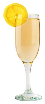Glass of champagne with lemon slice isolated on white